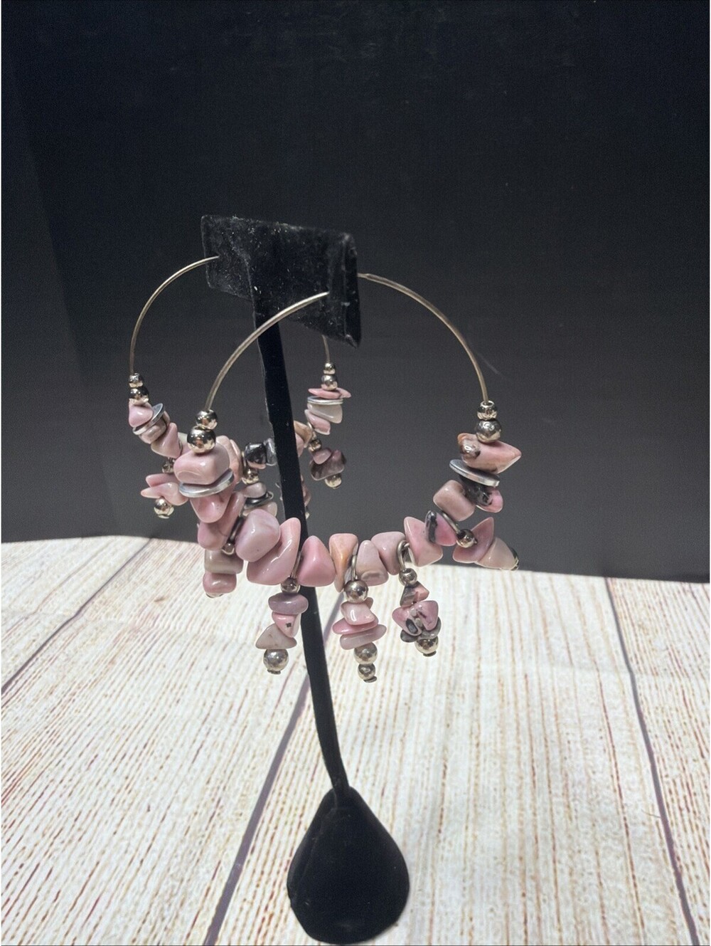 Large Pink Stone Beaded Hoop￼Earrings Pierced